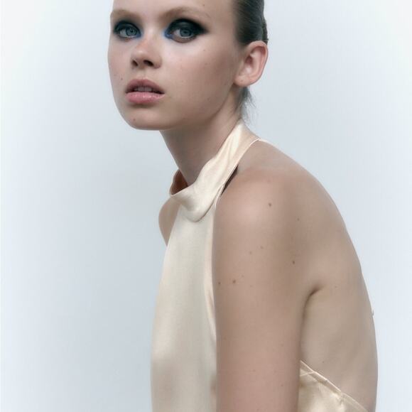 ZARA SATIN EFFECT HALTER DRESS ECRU - Picture 8 of 12